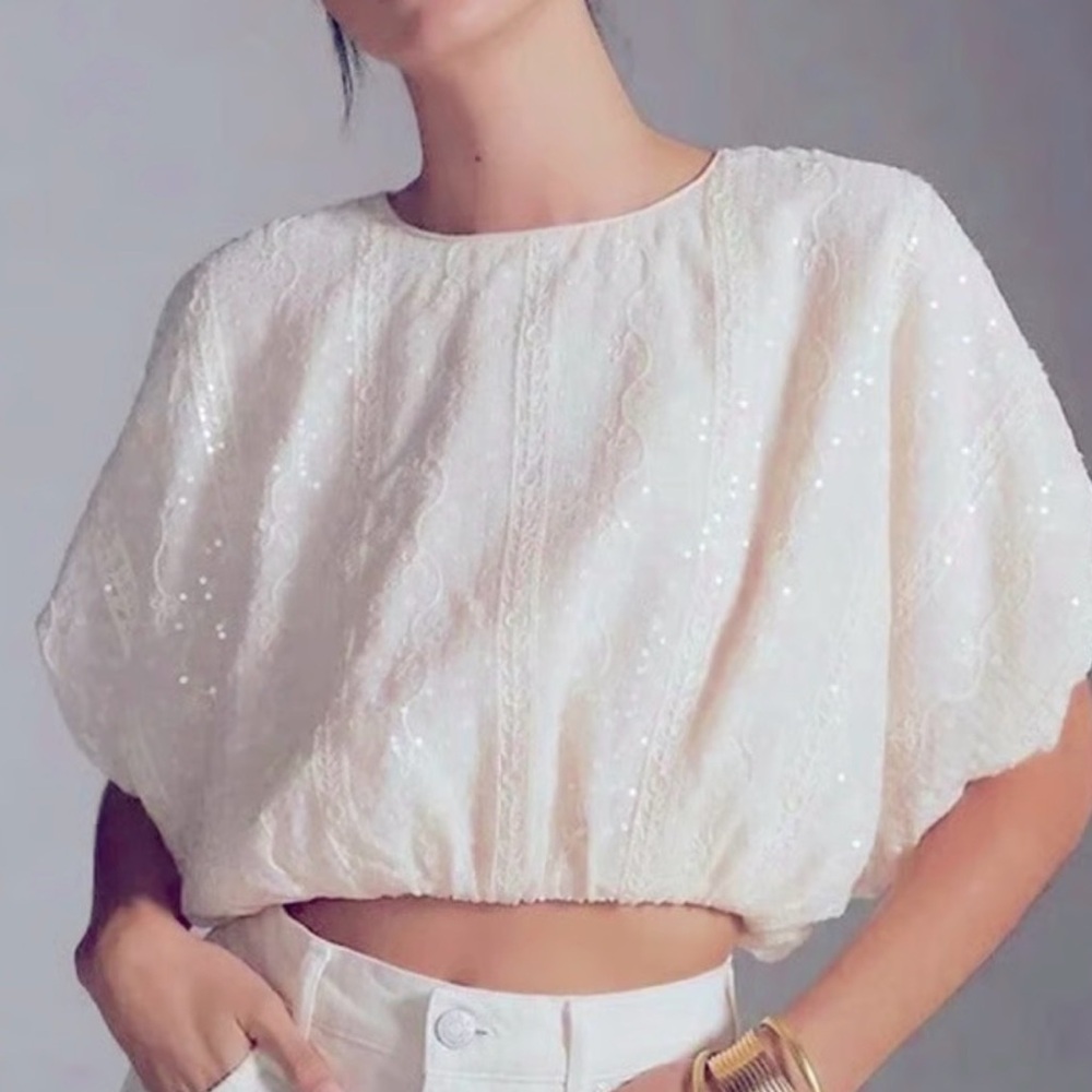 Anthropologie Endless Rose Cream Sequin crop Top